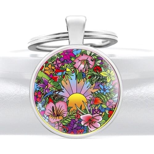 2020 New Sun and Flowers Glass Dome Pendant Key Chain Charm Men Women Jewelry Gifts Key Rings