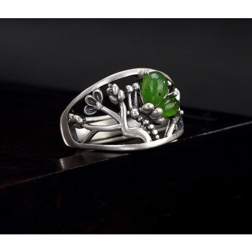New Arrival silver S925 Pure Silver Antique inlaid natural Hetian jade jade lotus butterfly lady open ring finger ring