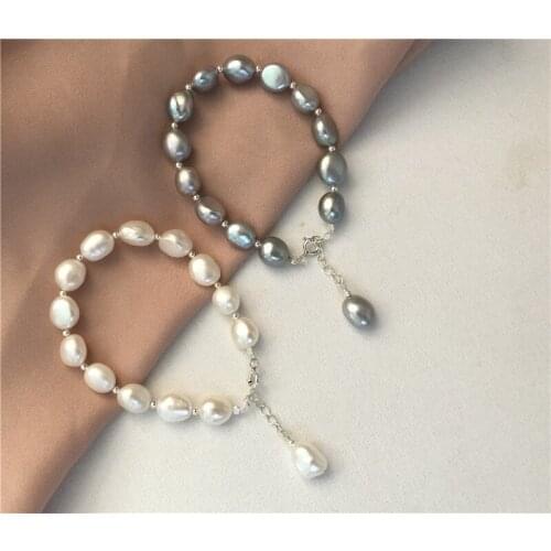 New Natural Breeding Freshwater Gray white Pearl 9-10MM Baroque Irregular Pearl Bracelet
