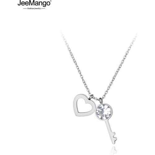 JeeMango Trendy Lovely Titanium Stainless Steel Heart & CZ Key Necklaces Rose Gold Pendant Chain Necklace For Xmas Gifts JN19068