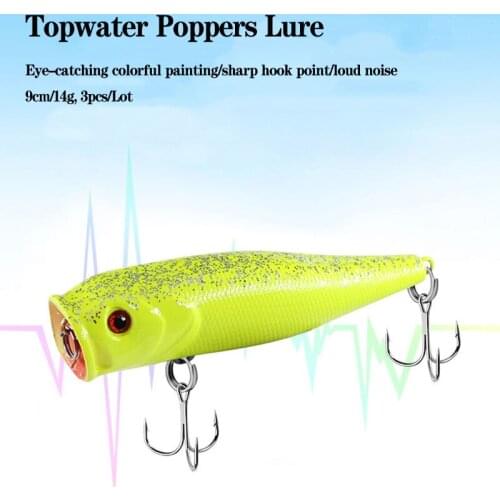3pcs Topwater Floating Popper Lures 9cm/14g Plastic Hard Bait Bass Crankbait With Treble Hooks 3d Eyes Swimbaits Drop Shipping