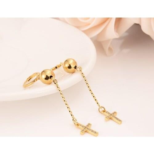 Bead crystal cz cross drop earring Ethiopian/Nigeria/Kenya /Ghana Gold color Dubai african Arab Middle Eastern Jewelry Mom Gifts