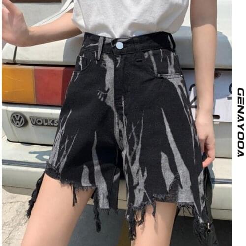 Genayooa Streetwear Tie Dye Ripped Short Jeans For Women Plus Size Denim Shorts High Waist Irregular Biker Shorts Feminina Chic