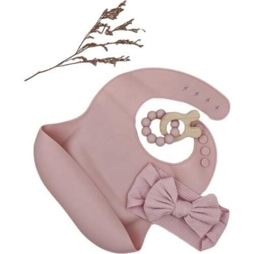 Baby Silicone Rattle Headband Gift Wooden Teether Care Bibs Feeding Set Newborn Feeding set