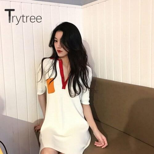 Trytree 2020 Summer Women Casual Dress Turn-down Collar 2 Color Button Panelled Dress Fashion Elegant Knitting A-line Mini Dress