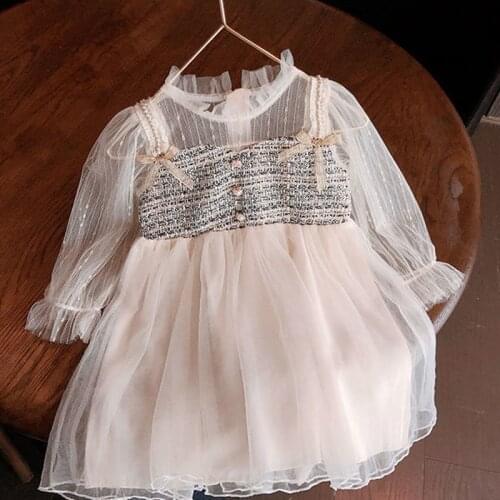 Spring and Autumn Girls Clothes 2-7 Yrs Lantern Sleeve Lace Plaid Princess Dress Girls Princess Dress Ball Gown