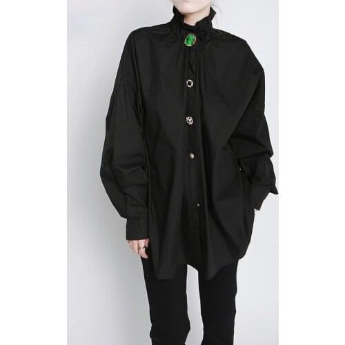 ZCSMLL Women Big Size Button Decoration Blouse New Stand Collar Long Sleeve Loose Fit Shirt Fashion Spring Autumn 2021 J100