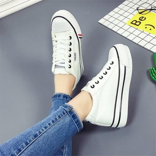 Womens Canvas Sneaker Black Wedge Sneakers Women Fashion Breathable Lace-Up Hidden Heel Sneakers Platform White Chunky Trainers