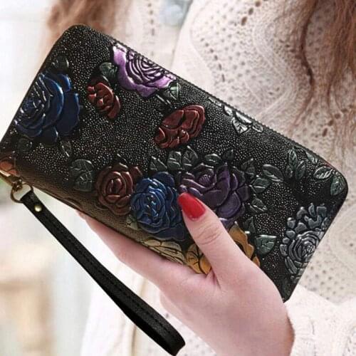 Women Long Wallet Genuine Leather 3D Embossing Rose Dragonfly Butterfly Clutch Women Bag Large Capability Zipper luxury Hangbags