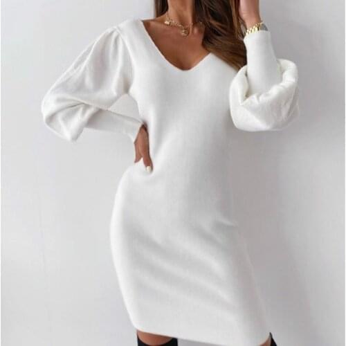 Women Sexy Lace Dresses Winter Hollow Out White Dress Puff Sleeve Loose Soft Pullover Knit Dress Femme Robe Vestidos