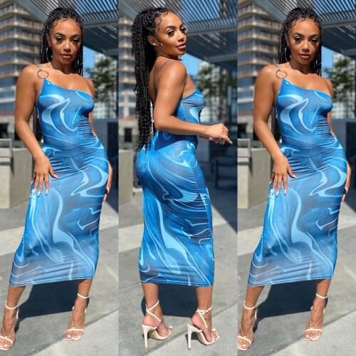 Echoine Blue Print Ring One Shoulder Skinny Fitness Midi Dress Strap Sexy Elegant Party Vestidos Vintage Party Clubwear Outfits