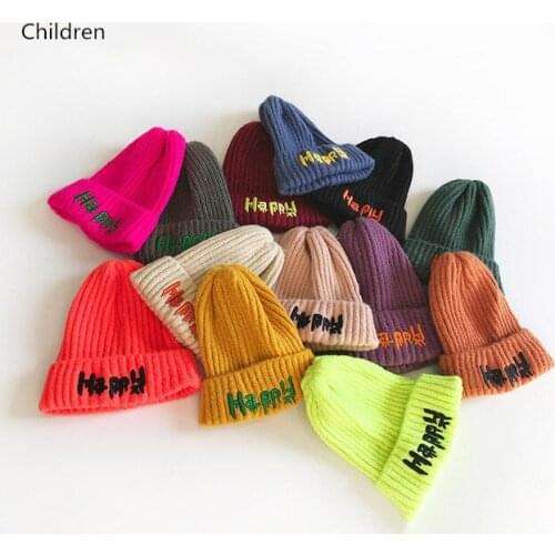 Winter Warm Casual Boys Girls Hats Embroidery Letters Woolen Crochet Knit Cap Kids Candy Color Children Beanie Hat Caps 13 Color