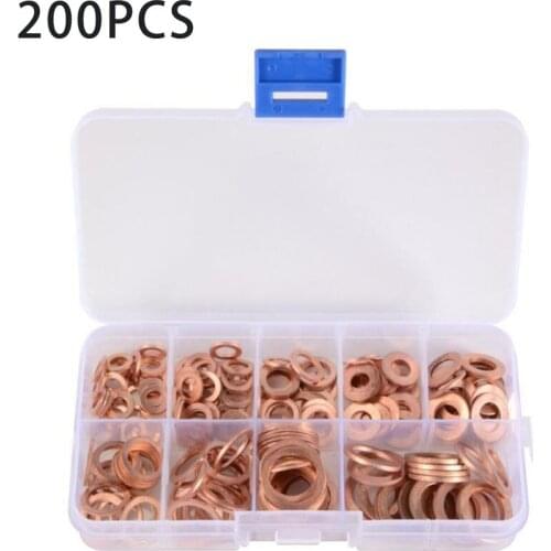 200Pcs M5-M14 Assorted Solid Copper Gasket Washer Seal Flat Ring High Performance Oil Blocking O-ring Combination