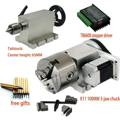 CNC rotary axis 3 jaw Chuck 100mm CNC 4th axis A aixs, rotary axis 65MM Tailstock Two phase 57 stepper motor for Mini CNC router