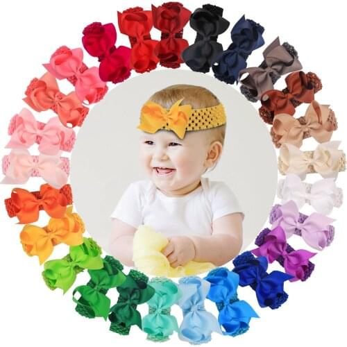 XIMA 20pcs/lot 4''Hair Bows with Crochet Headbands Grosgrain Ribbon Bows for Girls Hair Accessories