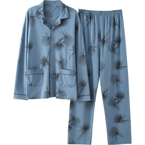 Big Yards Mens Pajama Sets Spring Autumn Man Pajamas Set Print Sleepwear Full Cotton Pajamas For Men Top Pant Leisure Outwear