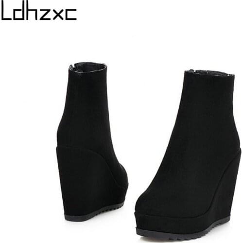 LDHZXC Autumn Winter Ankle Boots for Women Round Toe Slip-on Female Short Boots Wedges High Heels Solid Black Platform Boots