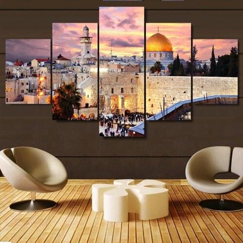 Islamic Religion Canvas Painting Jerusalem Wall Art Mecca Modern Muslim Split Artwork 5 Panel Prints Giclee Drop Shipping