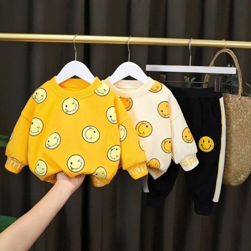 Spring Autumn Newborn Baby boy Girl Clothing Set Kids Tracksuit Smiley Printed T-shirt+Casual Pants 2PCS Children Clothes Suit