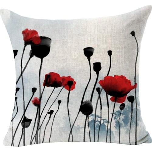 Beautiful Charming Watercolor Oil Ink Painting Red Poppy Flower Cotton Linen Throw Pillow Case Cushion Cover Decor for Sofa Bed