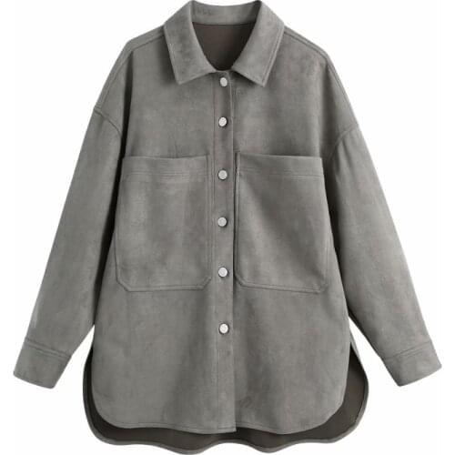 Nice Vinatge Woman Grey Loose Soft Velvet Shirt Coats New Vogue Autumn Winter Ladies Thick Jackets Female Casual Pocket Coat