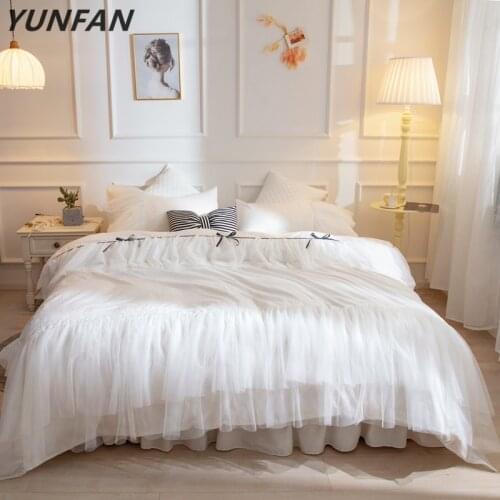 New Cotton lace Bedding Set white Duvet Cover Set Bed Linen Tassels Luxury princess bed skirt twin queen king wedding bedclothes