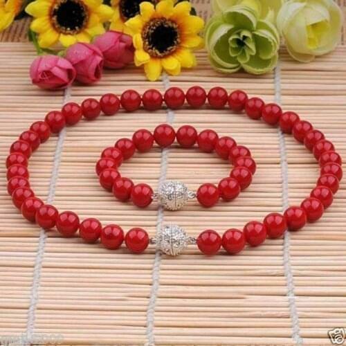 Charming 8mm Coral Red Shell Pearl Round Beads Necklace Bracelet Set j1