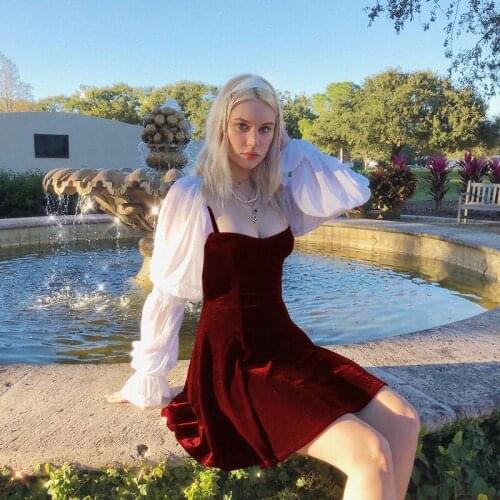 Autumn Winter Sexy Fleece Dress 2 Pieces Spaghetti Strap Dress with Chiffon Tops Square Collar Eleagant Puff Sleeve Mini Dresses