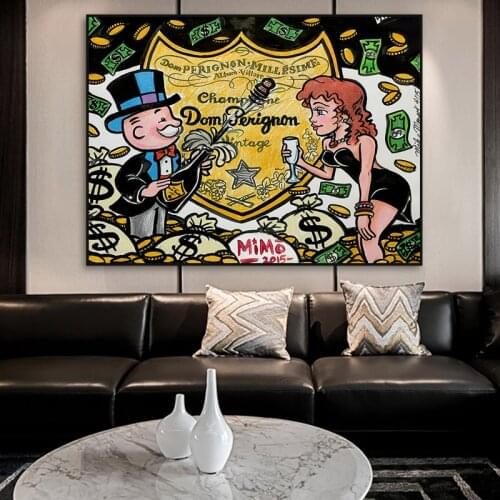 Champagne and Money Poster Canvas Painting Artist Alec Monopoly Graffiti Artwork Prints Rich Man Wall Pictures for Home Design