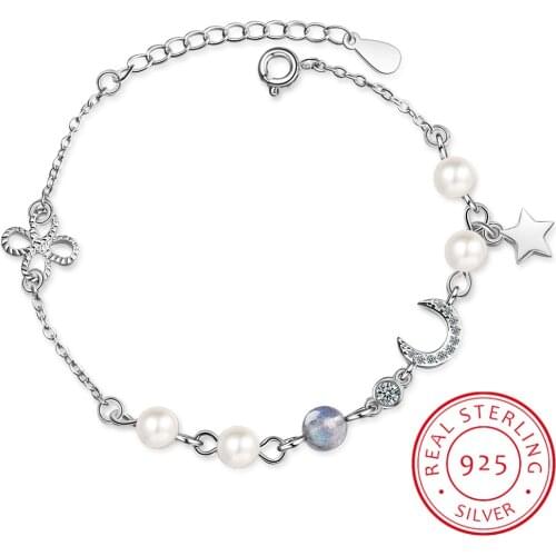 Star Moon Charm Simple Wild Pearl 925 Sterling Silver Temperament Female Trendy Resizable Blue Moonstone Bracelets