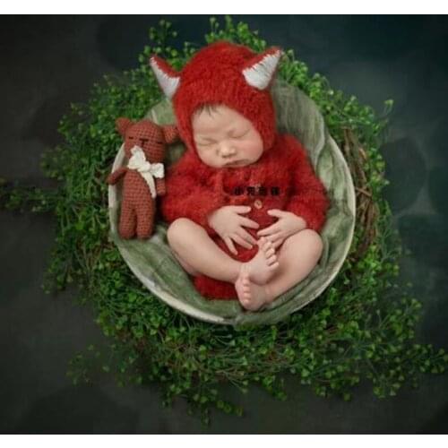 Fluffy fox hat and diaper outfit Newborn knit romper photo props Baby Angora bear hat and hooded romper full set
