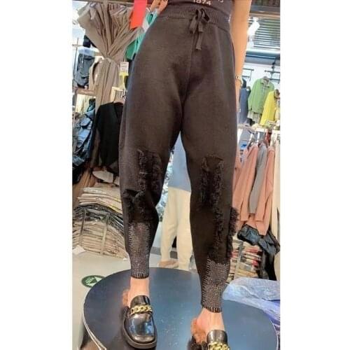 Womens Harem Pants Autumn/winter New Style Elastic Waist Drawstring Raw Edge Hot Rhinestones Closed Fashion Foot Knit Pants