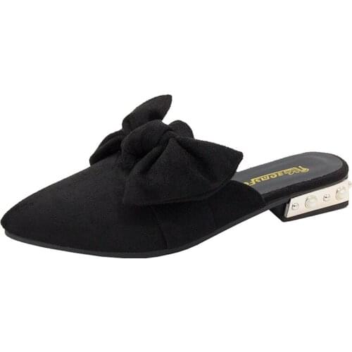 New Women Bowties Slippers Summer Elegant Ladies Square Toe Soft Flock Flats Woman Slides Outdoor Beach Fashion Beach Shoes