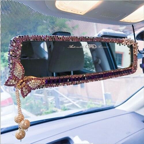 Rhinestone Rearview Mirror Decor Butterfly Car Interior Charm Crystal Bling Diamond Rear View Mirror Cover Auto Accessories