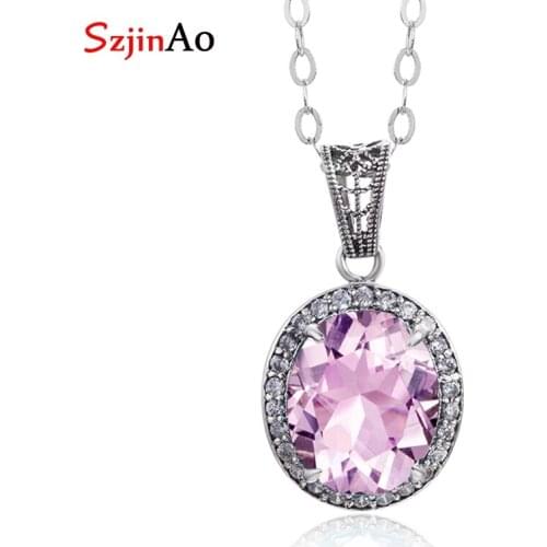 SzjinAo High Quality Shinny Oval Olivine Pink Topaz Necklaces 100% Real 925 Sterling Silverr Jewelry Brical Wedding Gift