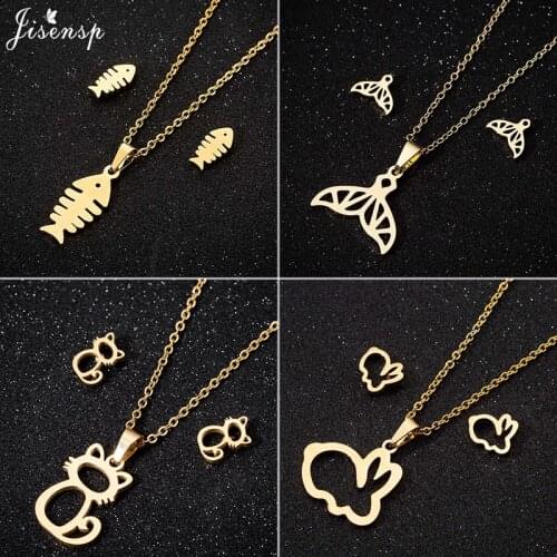 Jisensp Hawaii Jewelry Handmade Carved Fishbone Pendant Necklace Earrings for Women Stainless Steel Engagement Jewelry Sets