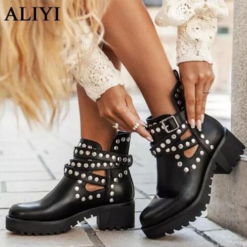 ALIYI Women Rivet Boots 2021 New British Style Artificial Leather Waterproof Ladies Platform Shoes Buckle Female Ankle Boots