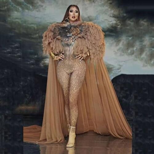 Fashion Lion Pattern Jumpsuit Long Mesh Cloak Set Women Singer Costume Cosplay Dance Outfit Prom Model Show Outfit