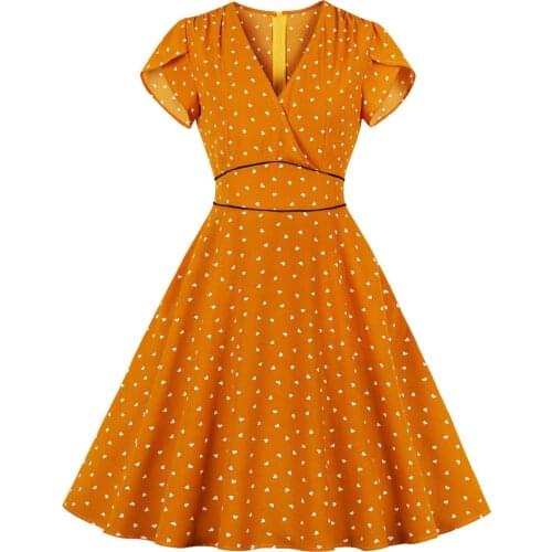 A Line Swing Dress Slim Fit High Waist Zipper Sexy V Neck Love Pattern Short Sleeve Orange Knee-Length 2021 New WomenS Clothing