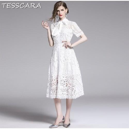 TESSCARA Women Summer Luxury Lace White Dress Shirt Festa Female High Quality Long Party Robe Femme Bow Designer Office Vestidos
