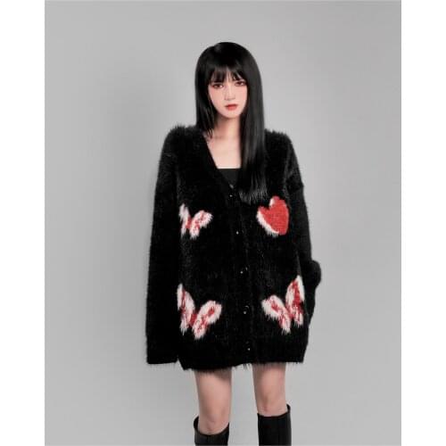 New Autumn Winter Harajuku Butterfly V-neck Black Kawaii Hot Girl Loose Long Sleeve Thick Fashion Sweet Cute Knitting Coat