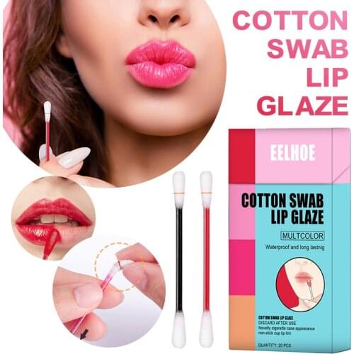 20 Sticks Cotton Swab Lipstick Cigarette Lip Stick Long Lasting Waterproof Disposable Portable Lip Gloss Liquid Lipstick