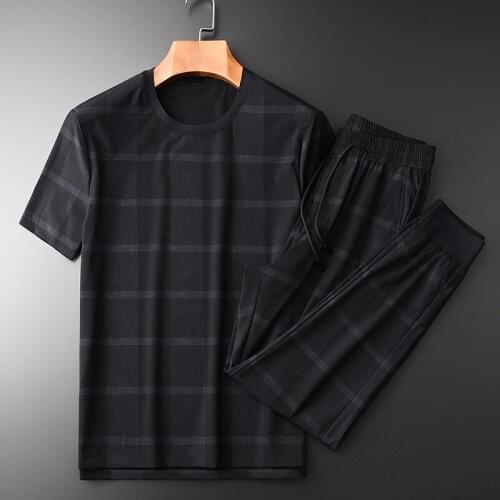 21C Summer Mens Sets (t-shirt+pants) Luxury Plaid Fabric Short Sleeve Man Sets Plus Size 3xl 4xl Casual Sport Slim Man Sets