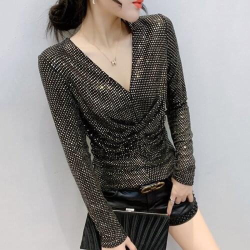 #5586 Green Gold Red Shinny T Shirt Women V Neck Sexy Sequins T-shirt Long Sleeved Tight Top Female Slim T Shirt Spring Autumn