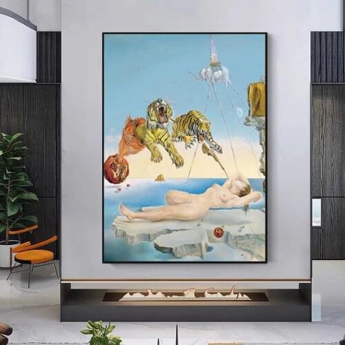 Surrealism Salvador Dali Tiger Naked Woman Canvas Painting Abstract Poster and Print Wall Art Picture for Living Room Home Decor