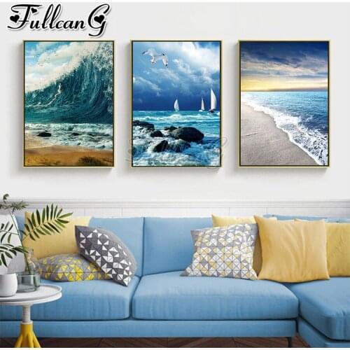 FULLCANG 5d diy diamond embroidery natural seascape diamond painting triptych full square round drill home decoration FC2856