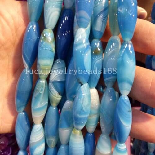 Free Shipping Fashion Jewelry 10x30mm Beautiful Sky Blue Stripes Carnelian Rice Loose Beads 10pcs FG7174