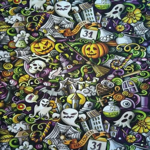 Haklloween Ghost Pumpkin Skull Besom Black 100% Cotton Fabric for Boy Clothes Hometextile Cushion Cover DIY 105cm Width-BL198