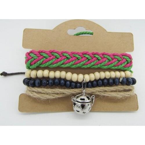Bohemian Style Colorful Handbraided Cord and Wood Beads Strands Bracelet With DIY Locket Lava Bead Oil Diffuser Bracelet
