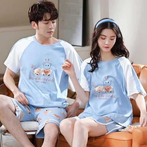 Cotton Sleepwear For Women Mens Cartoon Cute Pajamas Set Plus Size M-3XL Short-Sleeve Short Pants Home Wear Summer Night Gowning